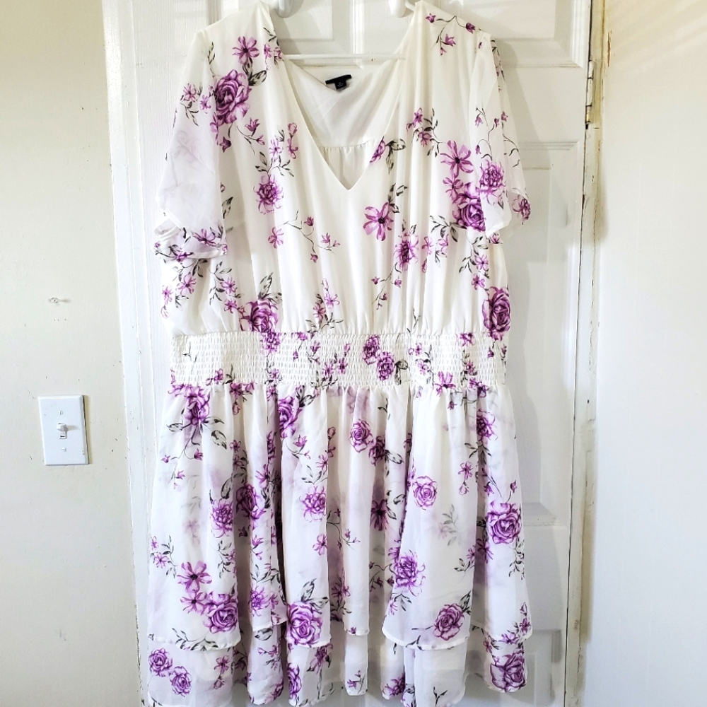 Torrid Ivory White Violet Purple Floral Georgette V-Neck Shirred Skater Dress